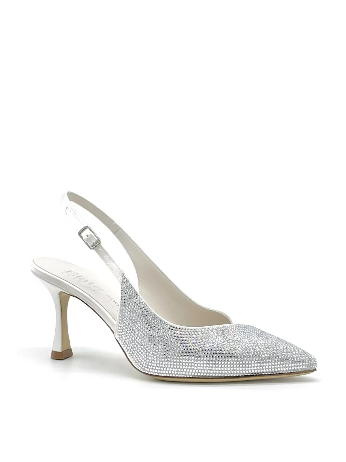 White silk slingback with rhinestones. Leather lining, leather sole 7,5 cm heel.