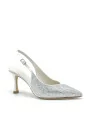 White silk slingback with rhinestones. Leather lining, leather sole 7,5 cm heel.