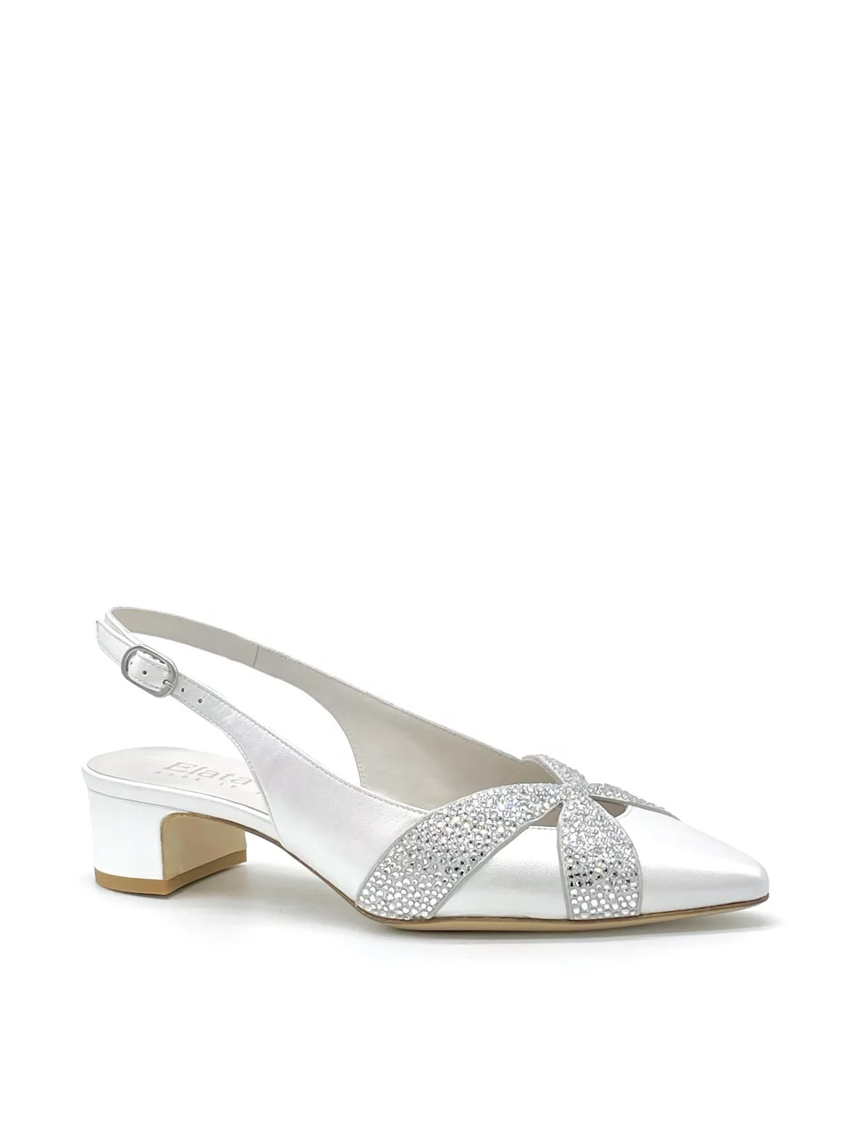 White pearl leather slingback with rhinestones. Leather lining, leather sole. 3,