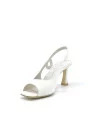 White laminate fabric sandal. Leather lining, leather sole. 7,5 cm heel.