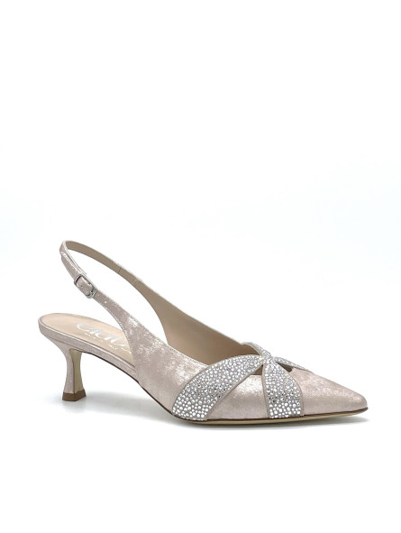 Slingback in ciniglia satinata nude e applicazione di strass. Fodera in pelle, s