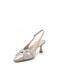 Slingback in ciniglia satinata nude e applicazione di strass. Fodera in pelle, s