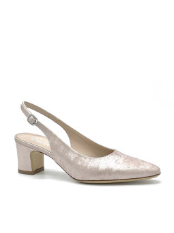 Slingback in ciniglia satinata nude. Fodera in pelle, suola in cuoio. Altezza ta