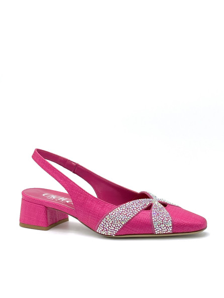 Fuchsia raffia fabric slingback with rhinestones. Leather lining, leather sole. 