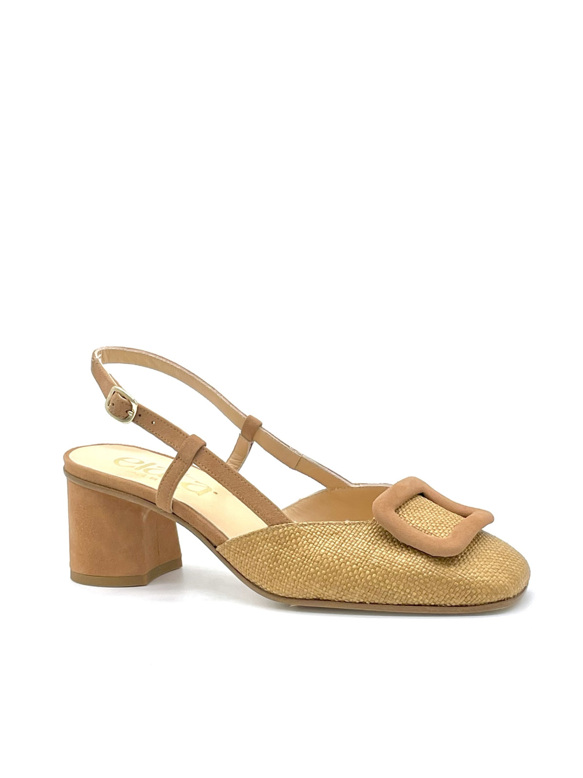 Hazelnut suede and caramel raffia slingback with soft insole. Leather lining, le