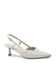 Milk color leather and honeycomb fabric slingback. Leather lining, leather sole.