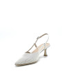 Milk color leather and honeycomb fabric slingback. Leather lining, leather sole.