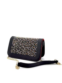 Pochette in 100% seta nera e rossa con applicazione microborchie fantasia animal