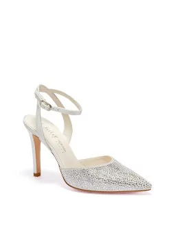 Slingback 100% seta bianca con cinturino alla caviglia e applicazione di strass 