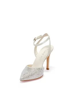 Slingback 100% seta bianca con cinturino alla caviglia e applicazione di strass 