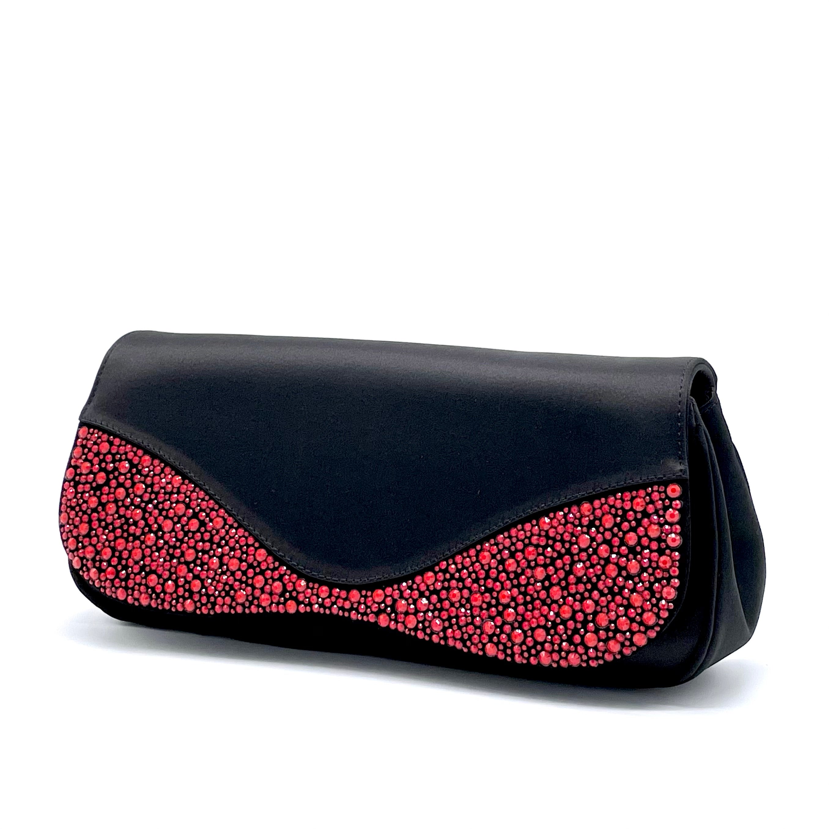 100% black silk purse with coral red rhinestones - Cod. E760