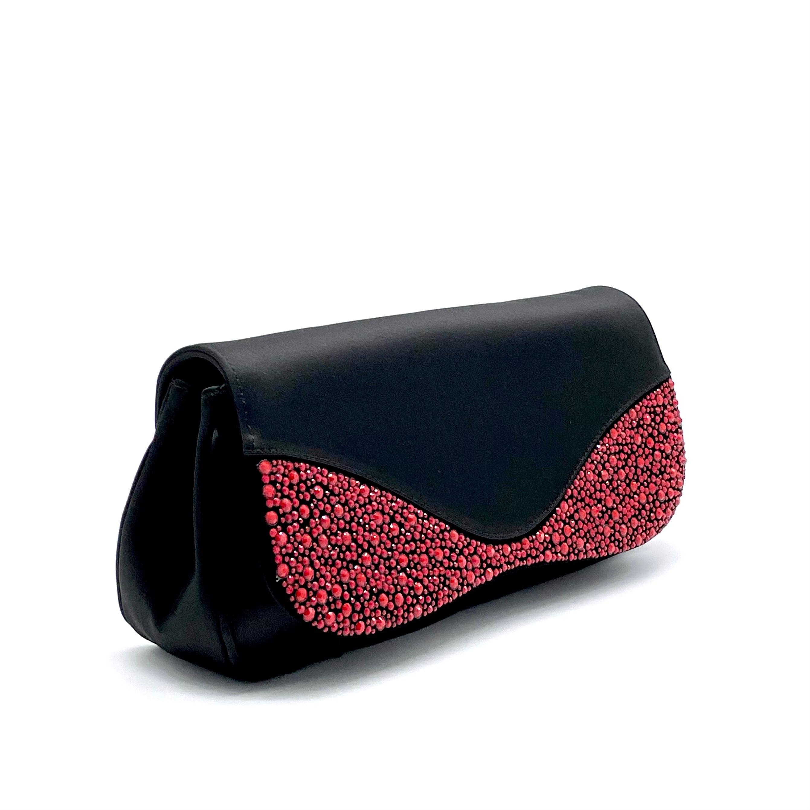 100% black silk purse with coral red rhinestones - Cod. E760