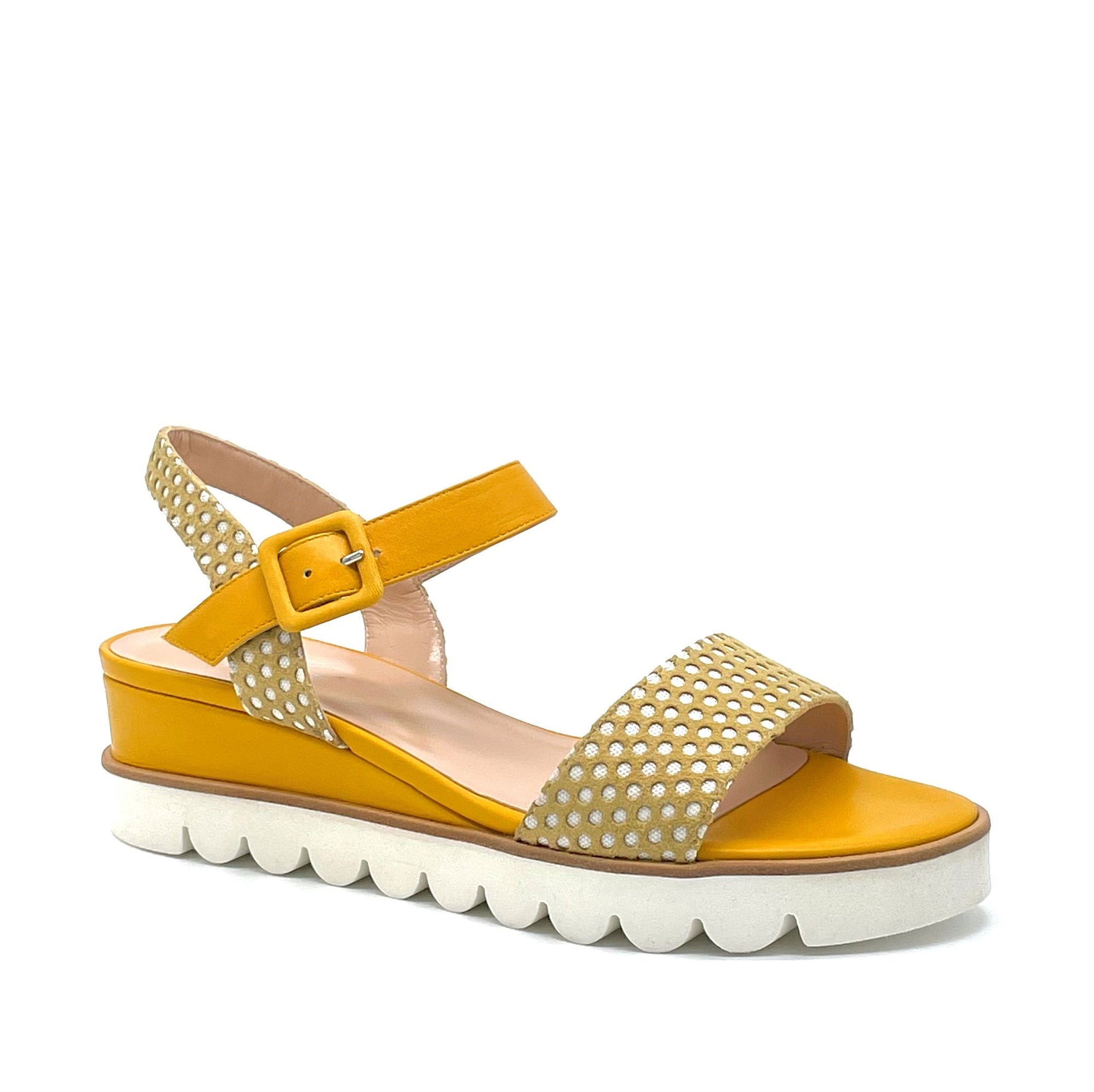 Yellow leather and gold/white polka dots fabric sandal - Cod. 19181-1