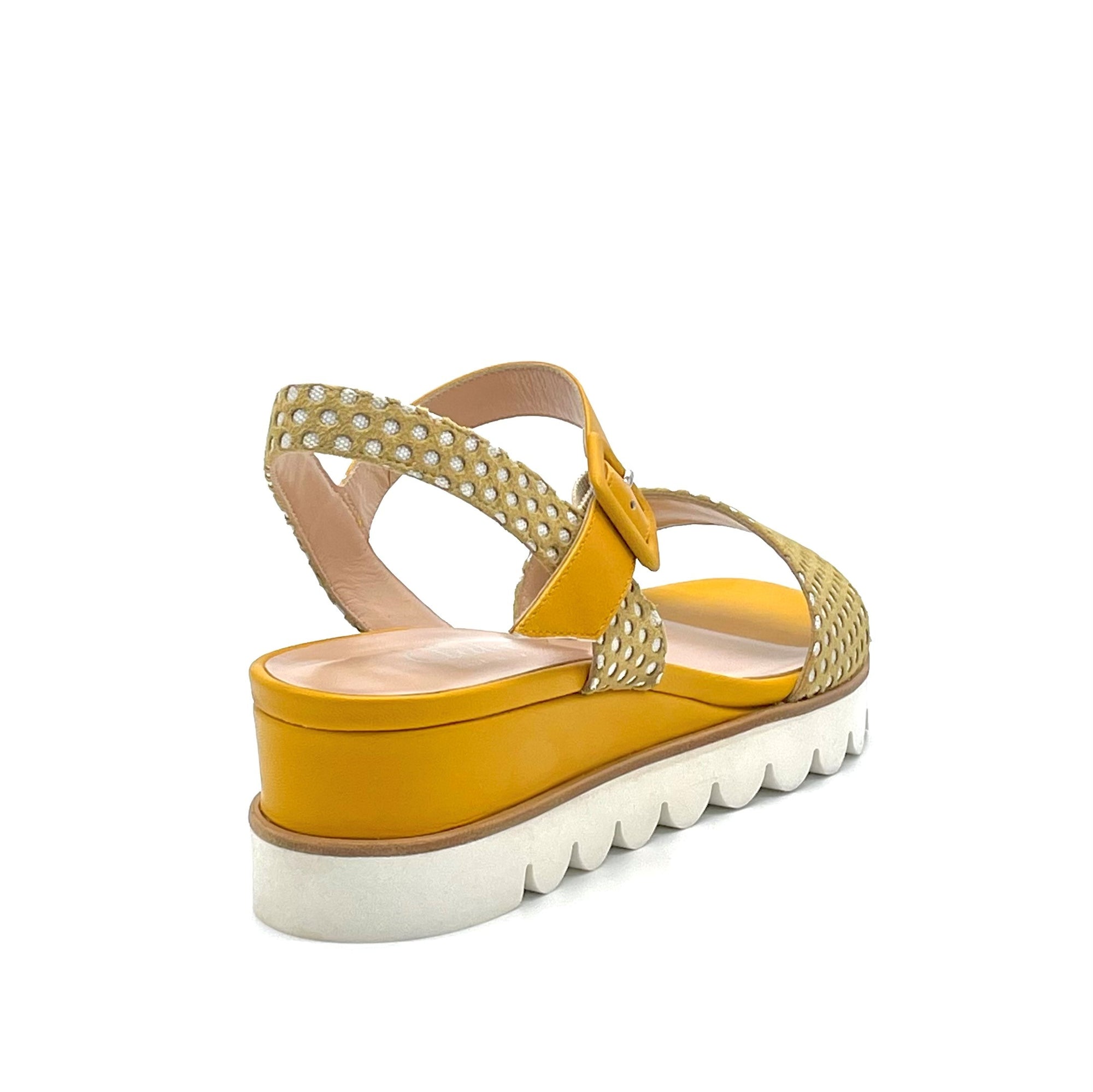 Yellow leather and gold/white polka dots fabric sandal - Cod. 19181-1