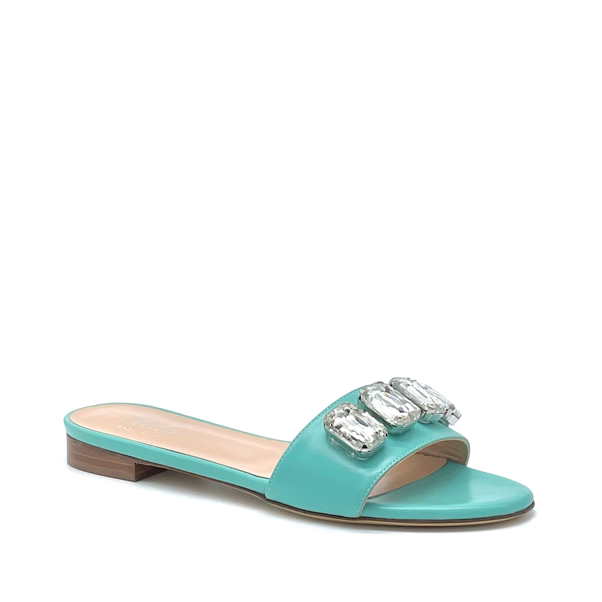 GEMMA Mule in pelle acquamarina con castoni ottagonali crystal - Cod. 11112D