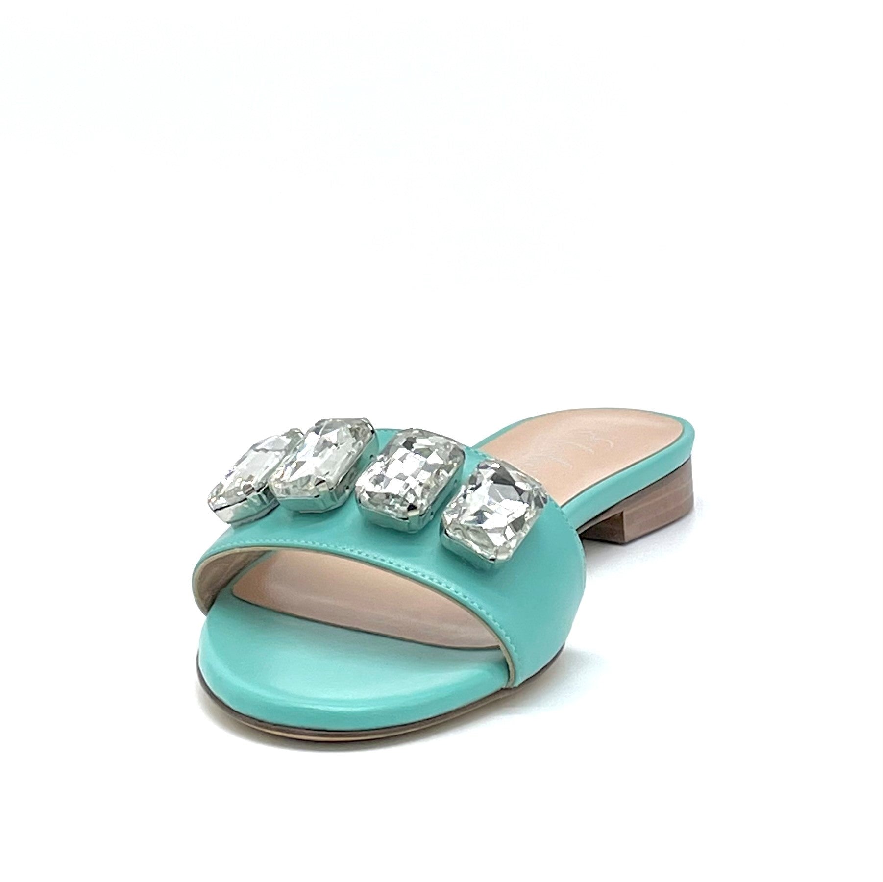 GEMMA Mule in pelle acquamarina con castoni ottagonali crystal - Cod. 11112D