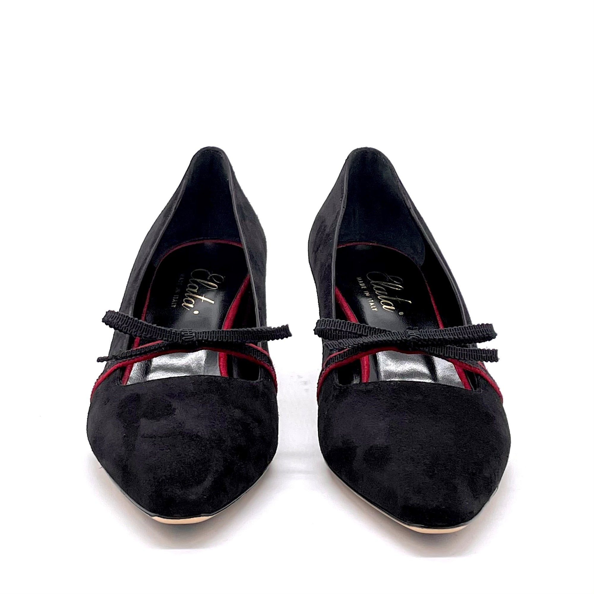 Décolleté in camoscio nero e rosso con nastrino in grosgrain - Cod. 51521