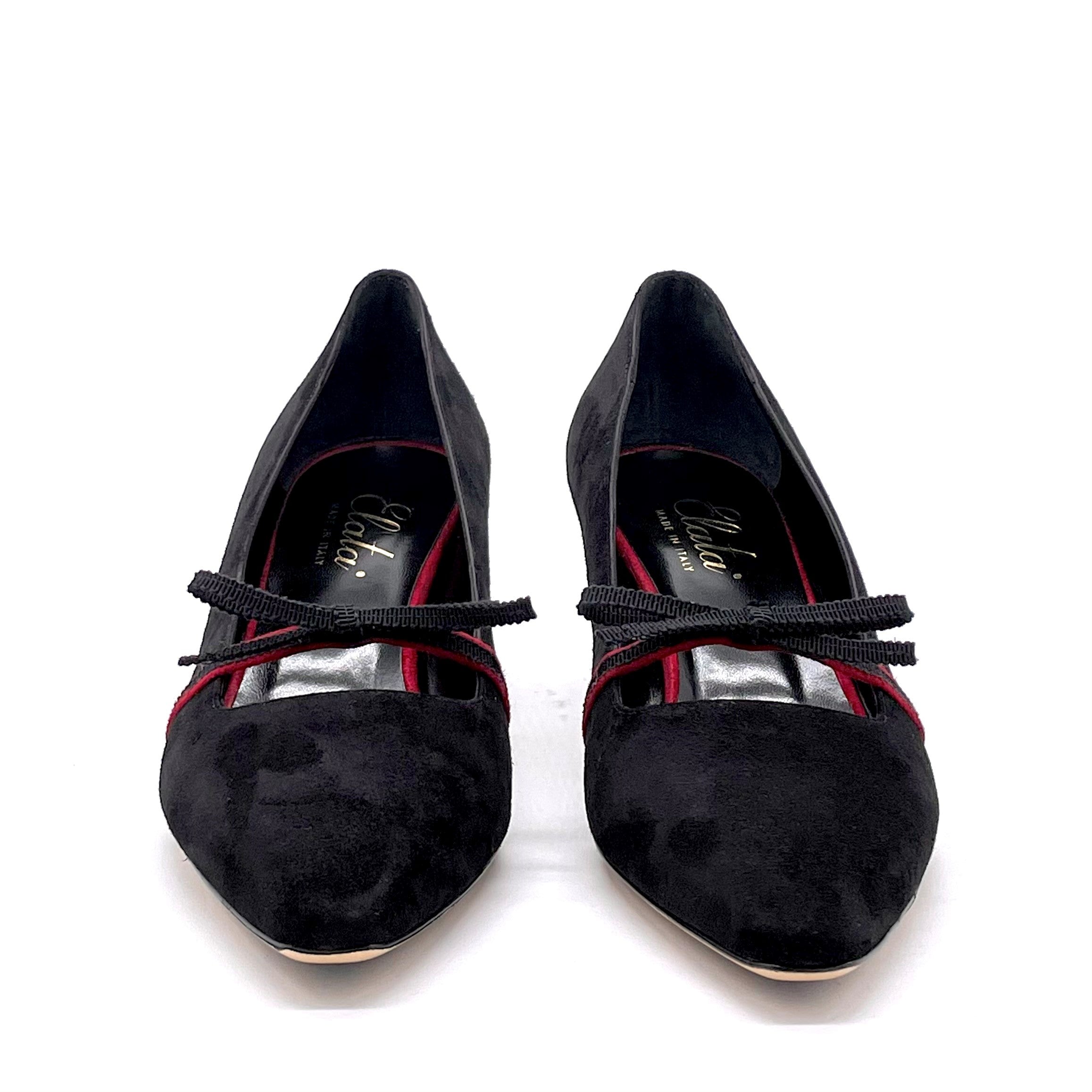 Décolleté in camoscio nero e rosso con nastrino in grosgrain - Cod. 51521