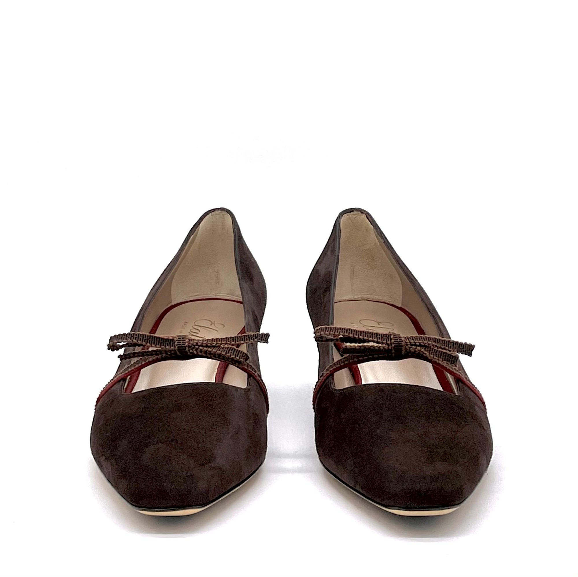 Dark brown suede pump with grosgrain ribbon - Cod. 51522_1