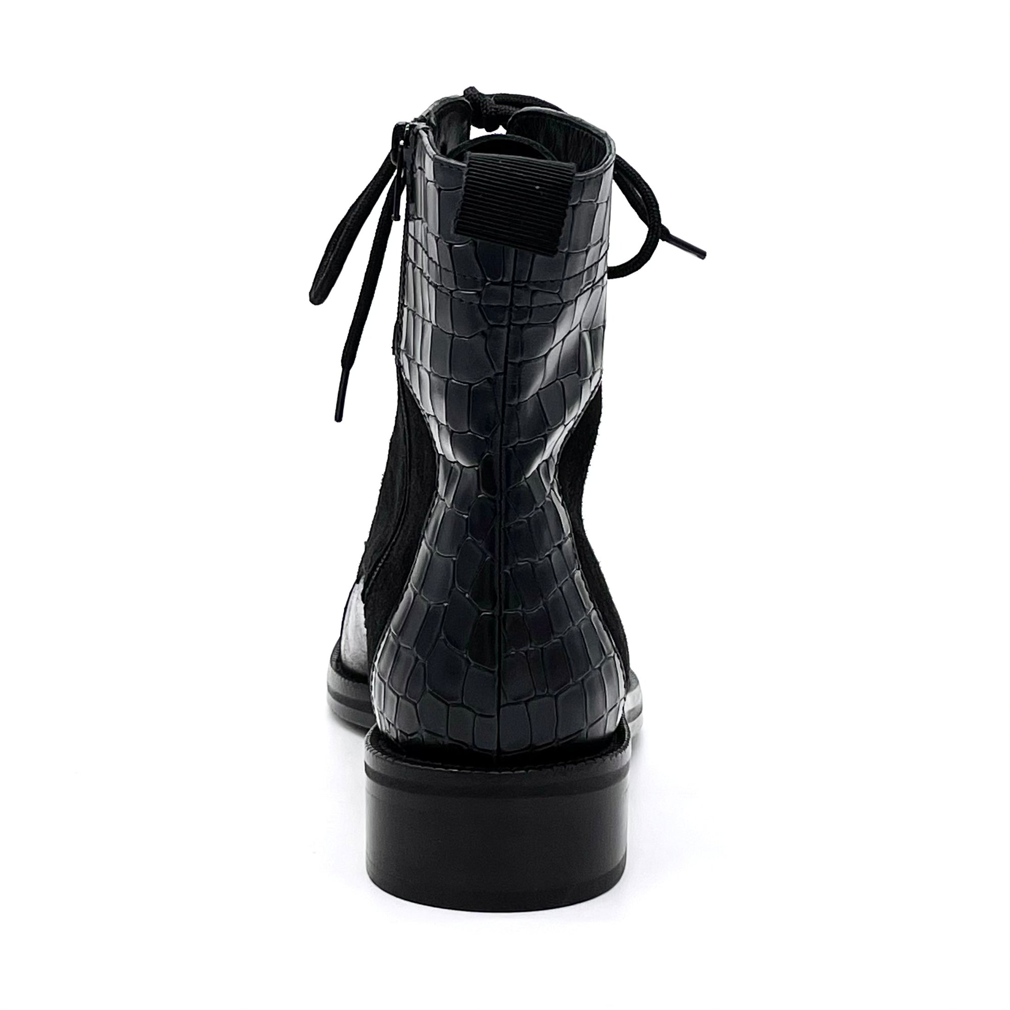 Stivaletto allacciato in pelle, camoscio e pelle stampata nera - Cod.51529-3