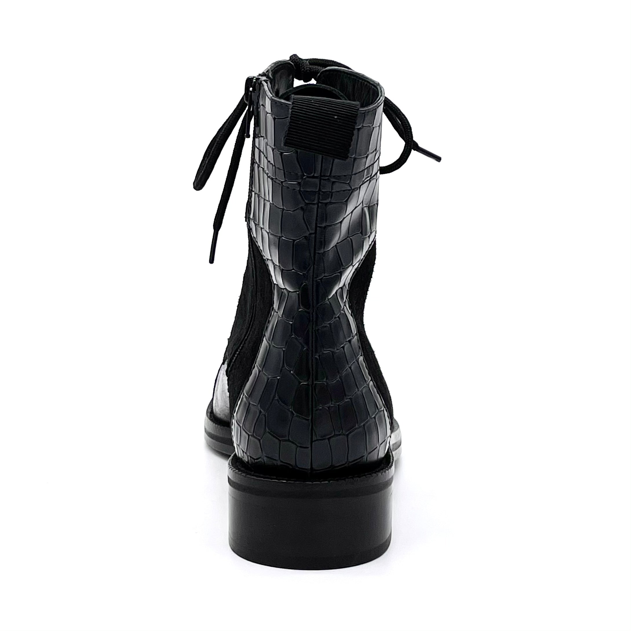 Stivaletto allacciato in pelle, camoscio e pelle stampata nera - Cod.51529-3