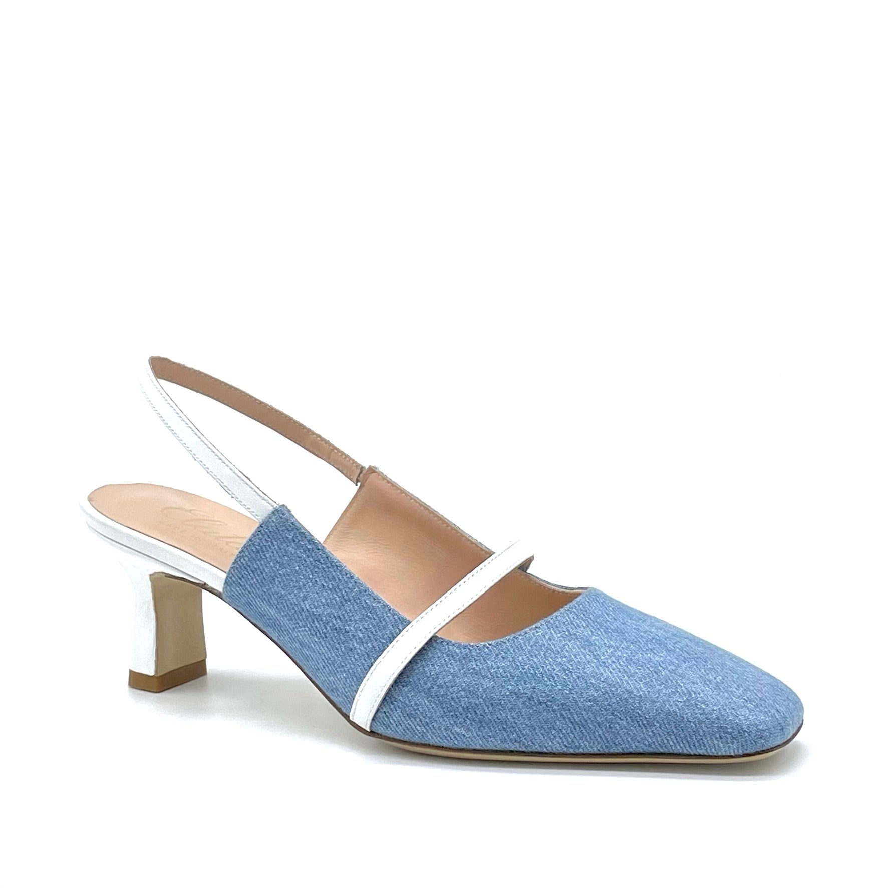 Blue jeans fabric and white leather slingback - Cod. 12161