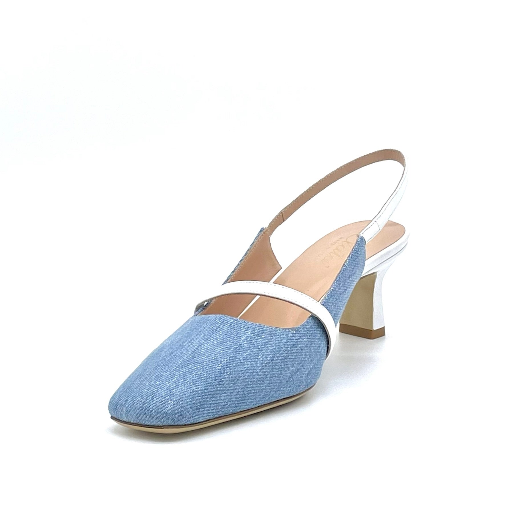 Blue jeans fabric and white leather slingback - Cod. 12161