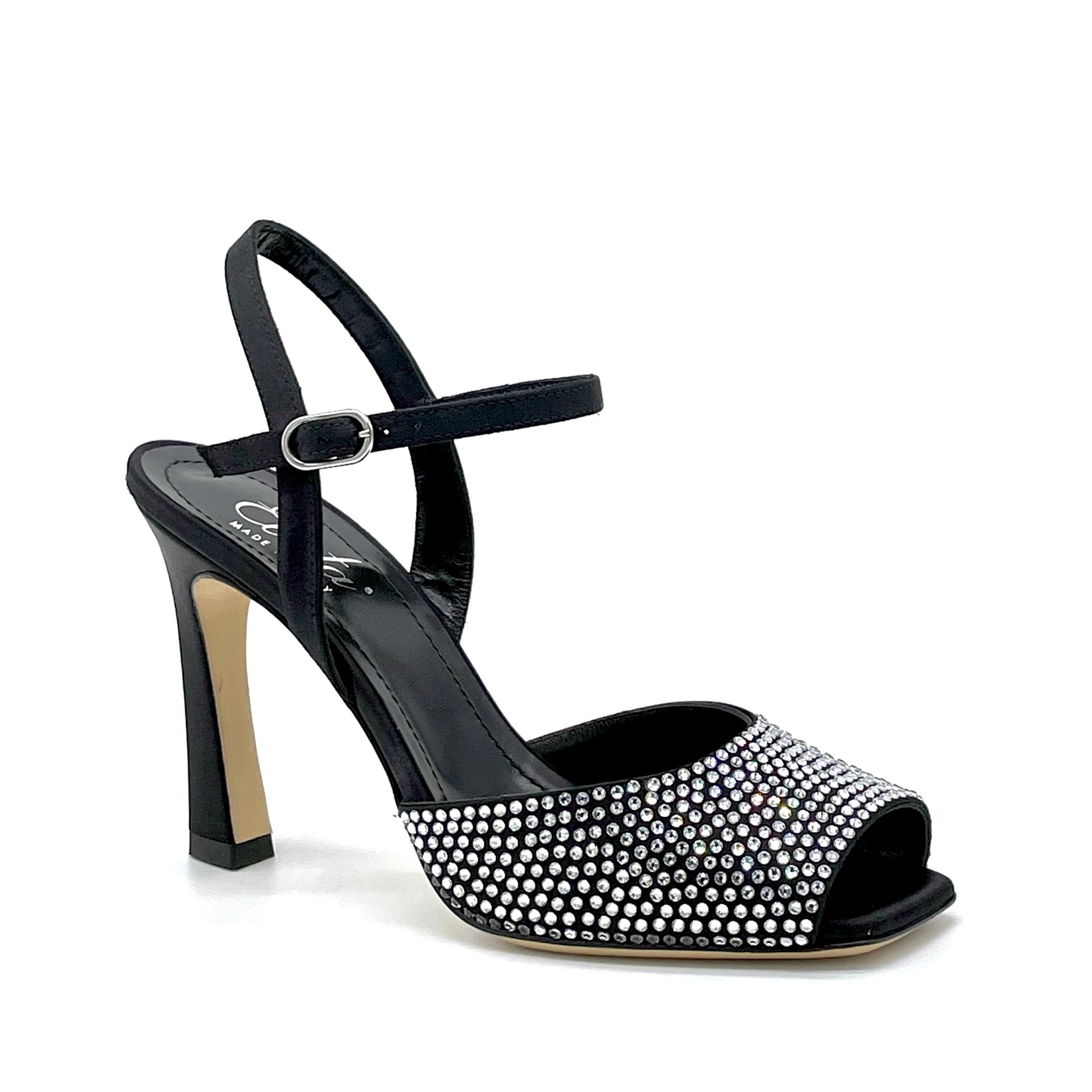 Sandalo in seta nera con applicazione strass argento - Cod. 12179