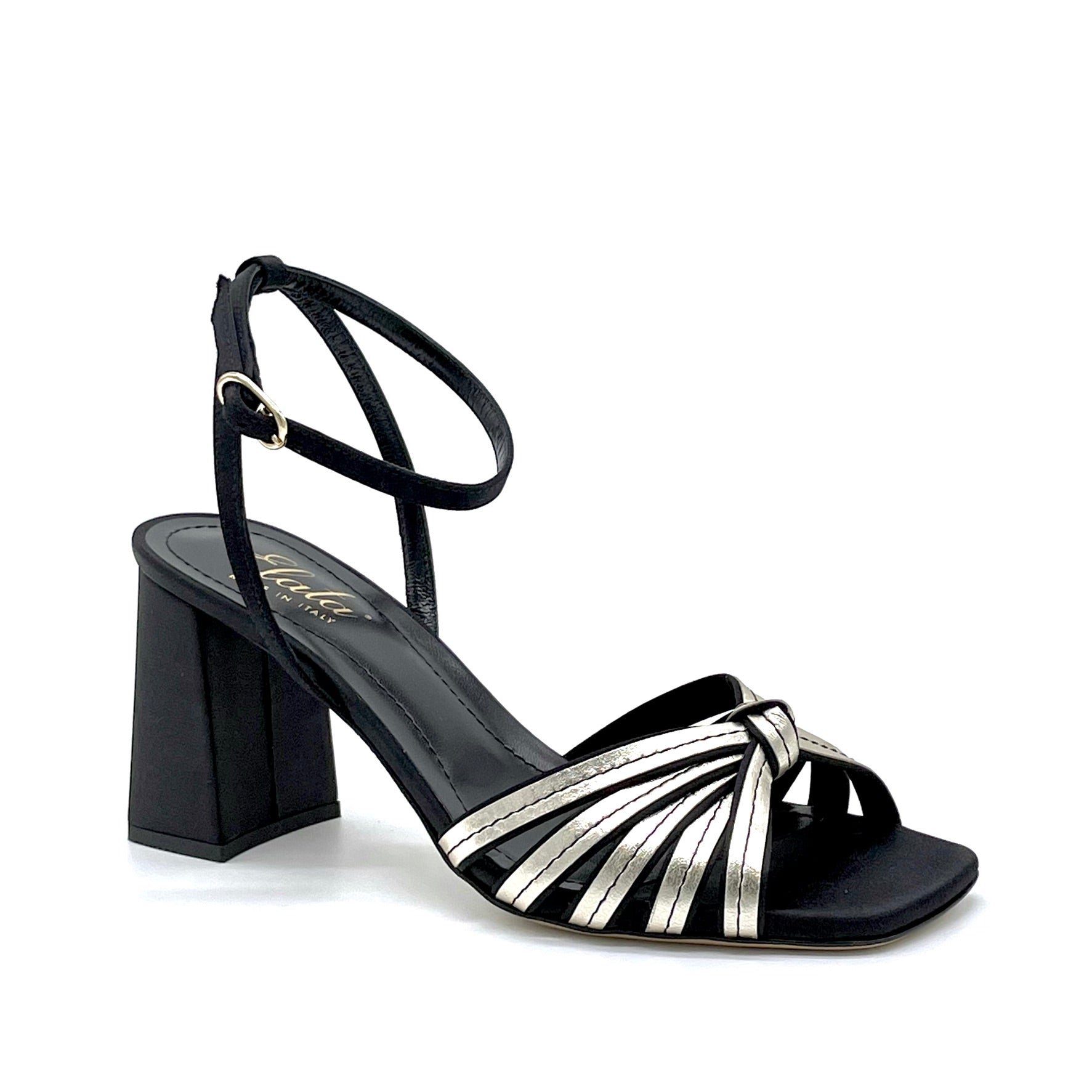 Sandalo in seta nera e pelle oro con fascette annodate  - Cod. 12113