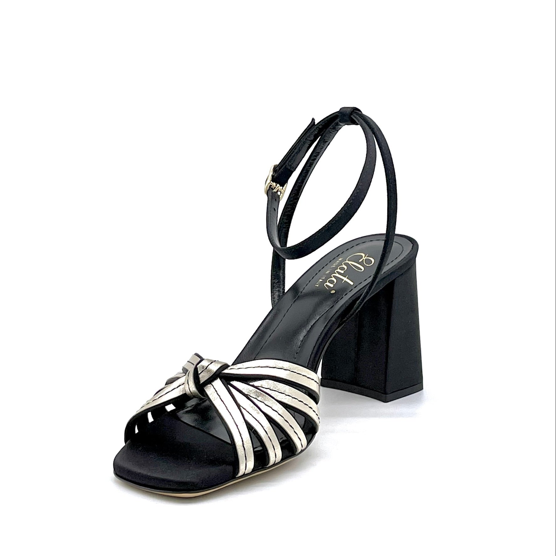Sandalo in seta nera e pelle oro con fascette annodate  - Cod. 12113