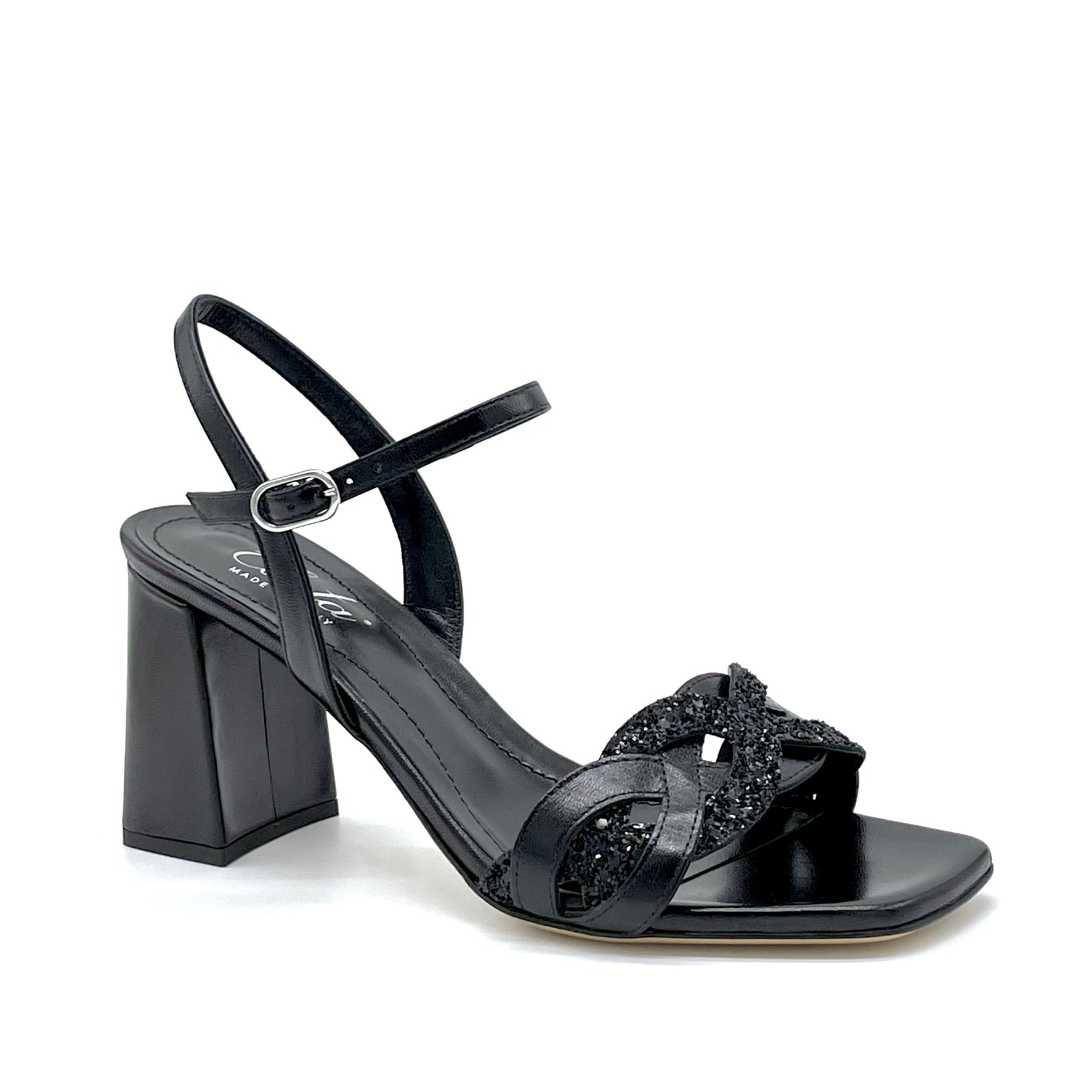 Black leather and glittery fabric sandal with intertwined band - Cod. 12119_1