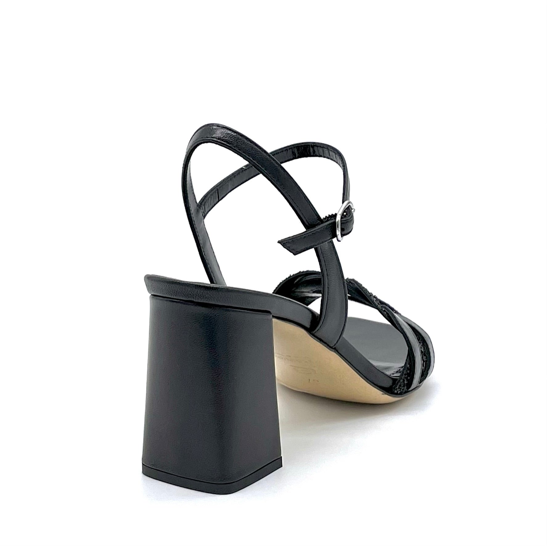 Black leather and glittery fabric sandal with intertwined band - Cod. 12119_1