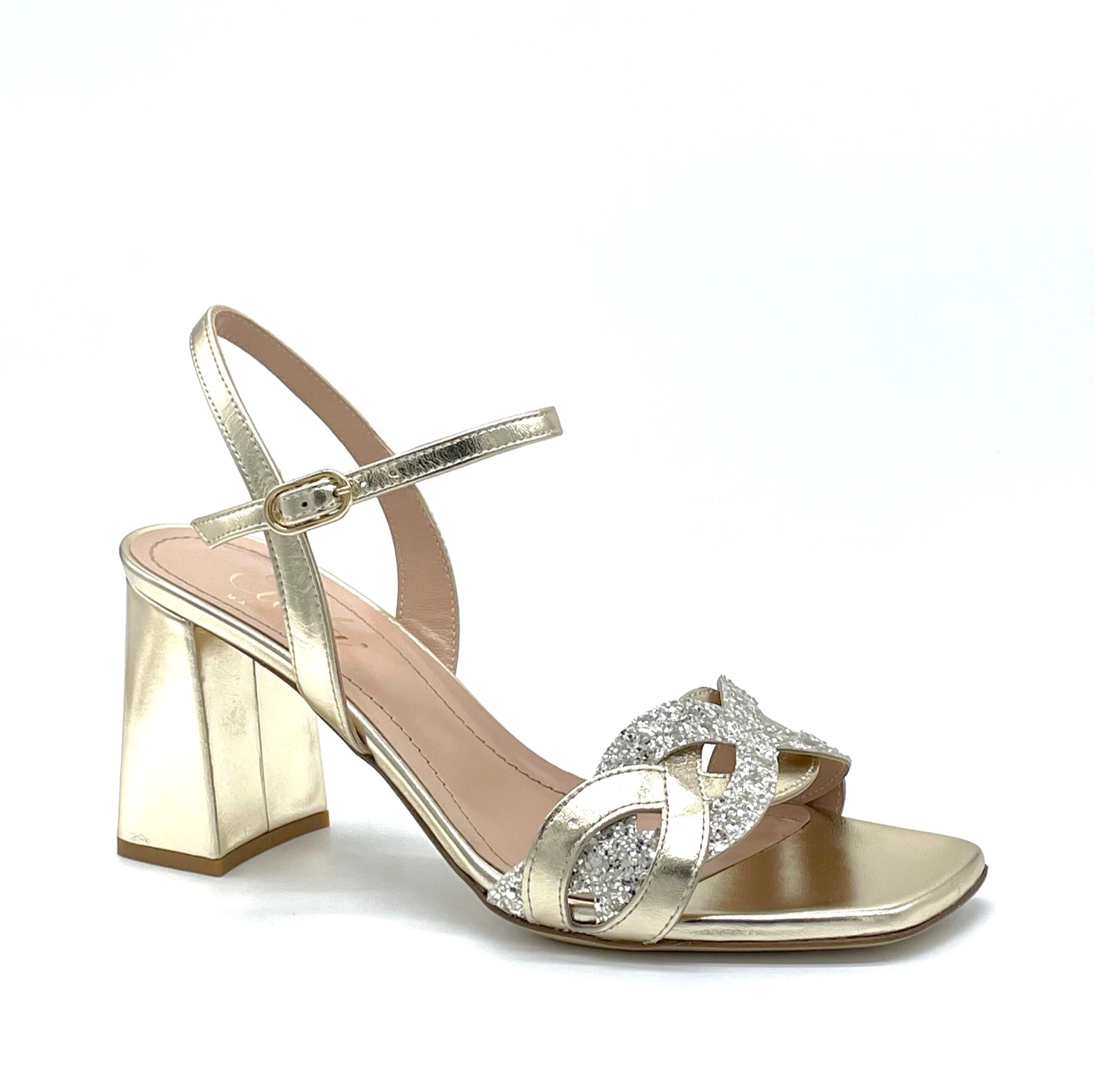 Gold laminate leather and glittery fabric sandal with intertwined band - Cod. 12119_2