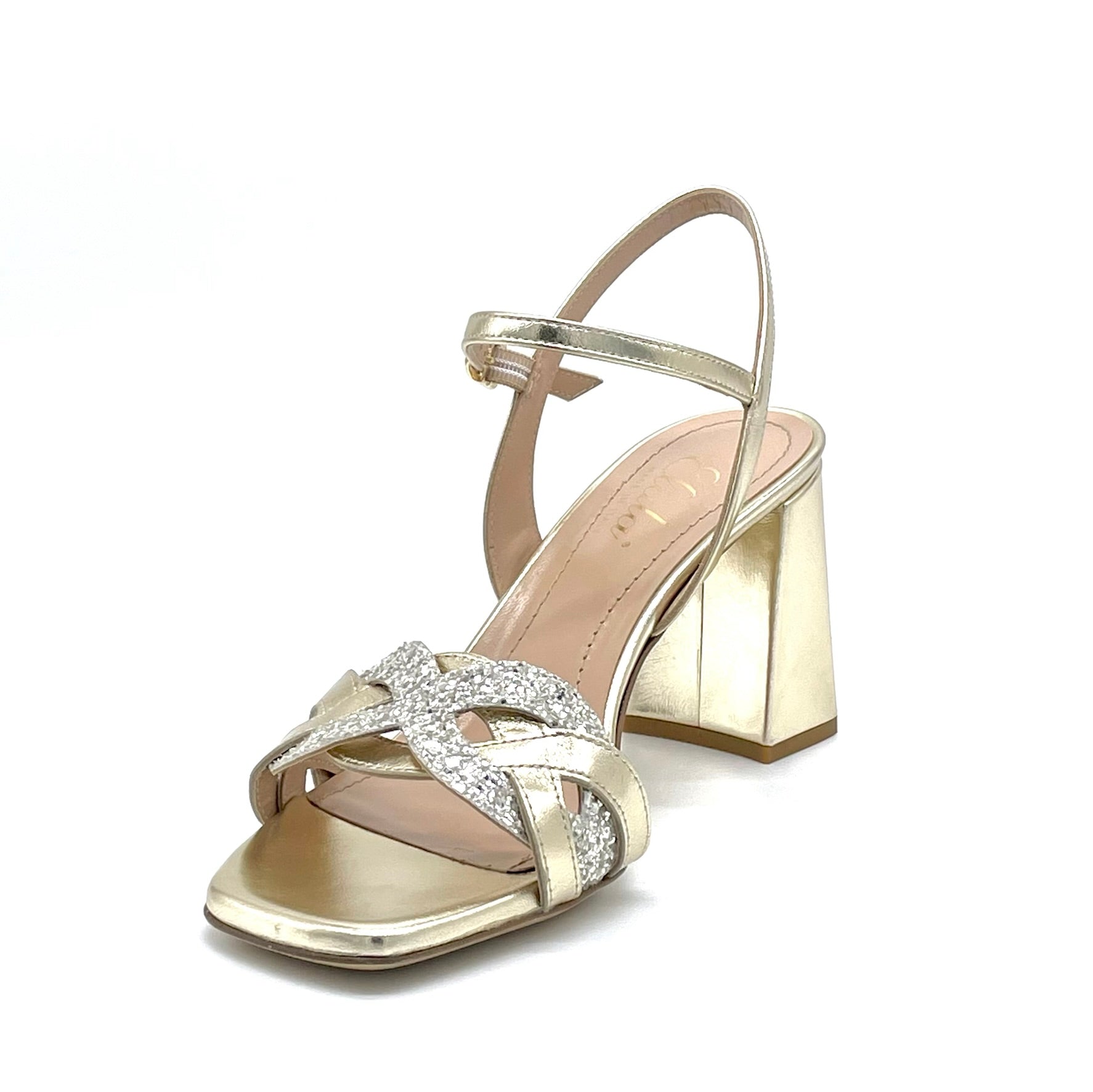 Gold laminate leather and glittery fabric sandal with intertwined band - Cod. 12119_2