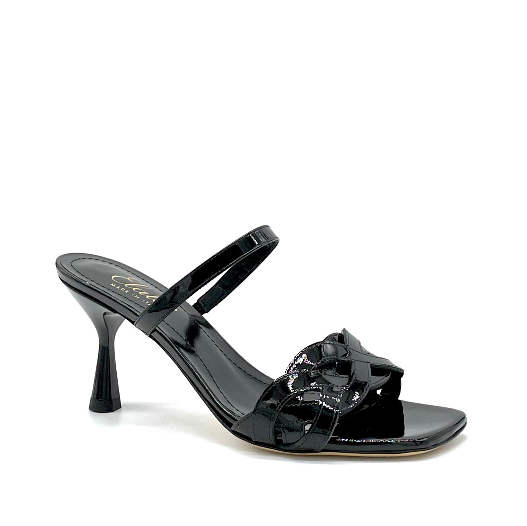 Black patent leather mule with intertwined band and enameled heel - Cod. 12120
