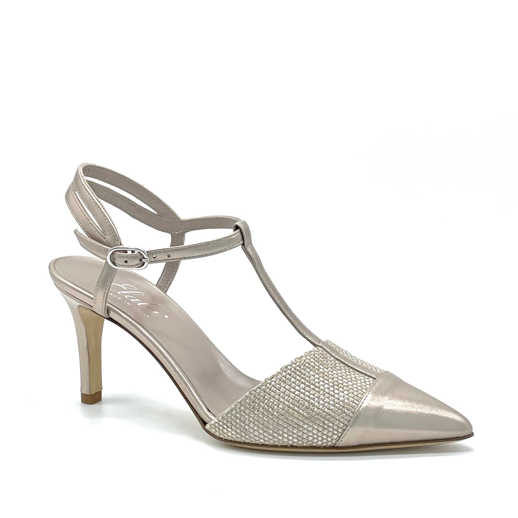 Beige pearly fabric and leather slingback with a T-strap - Cod. 12143
