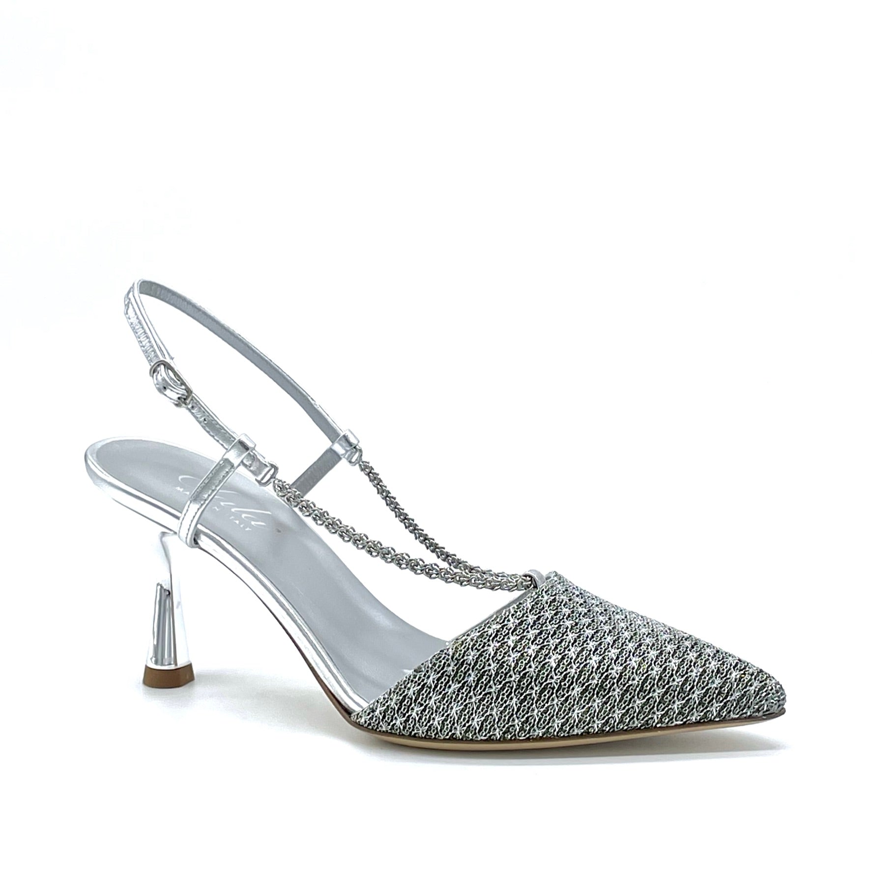Silver fabric and leather slingback with silver chain - Cod. 12144