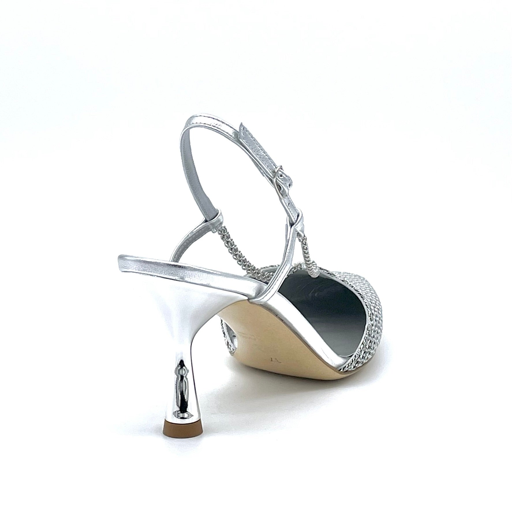 Silver fabric and leather slingback with silver chain - Cod. 12144