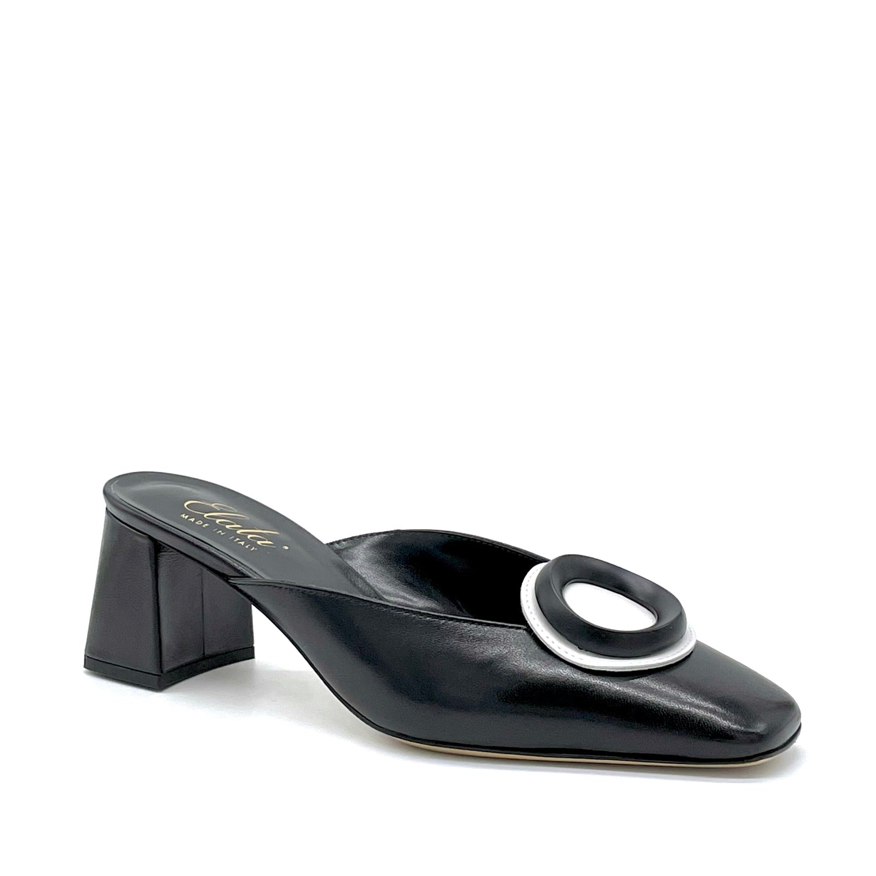 Black leather mule with black/white “circle” accessory - Cod. 12157