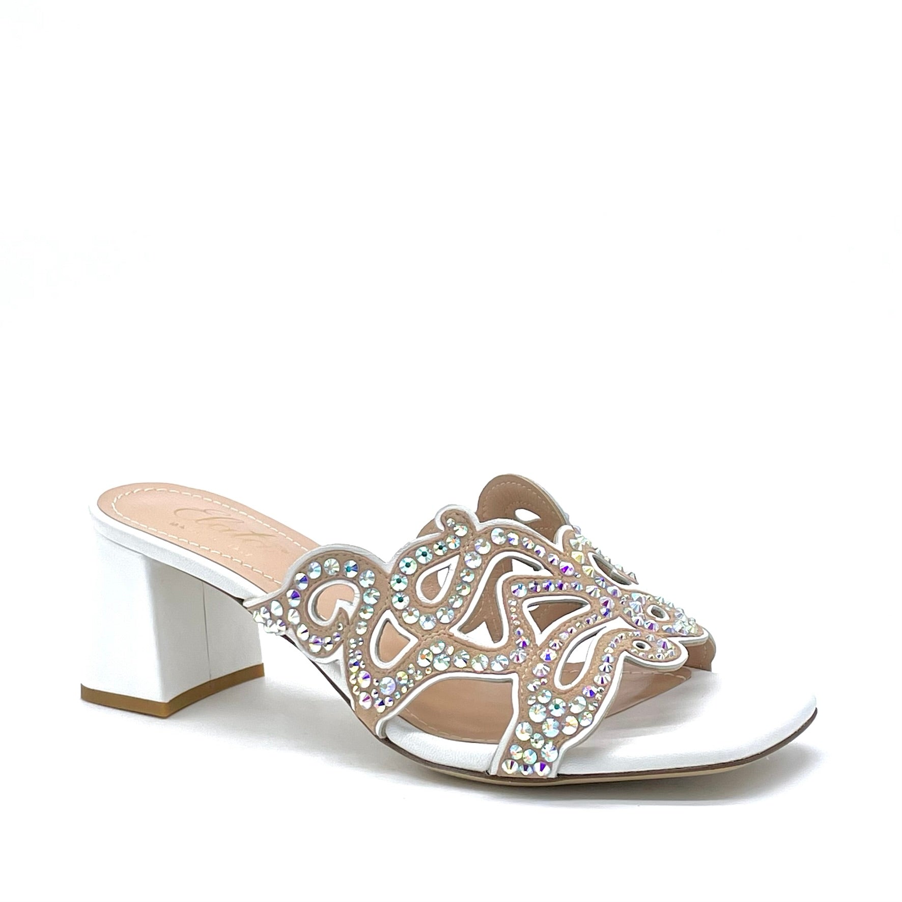 White leather and nude colour suede mule with rhinestones detail - Cod. 63794_4