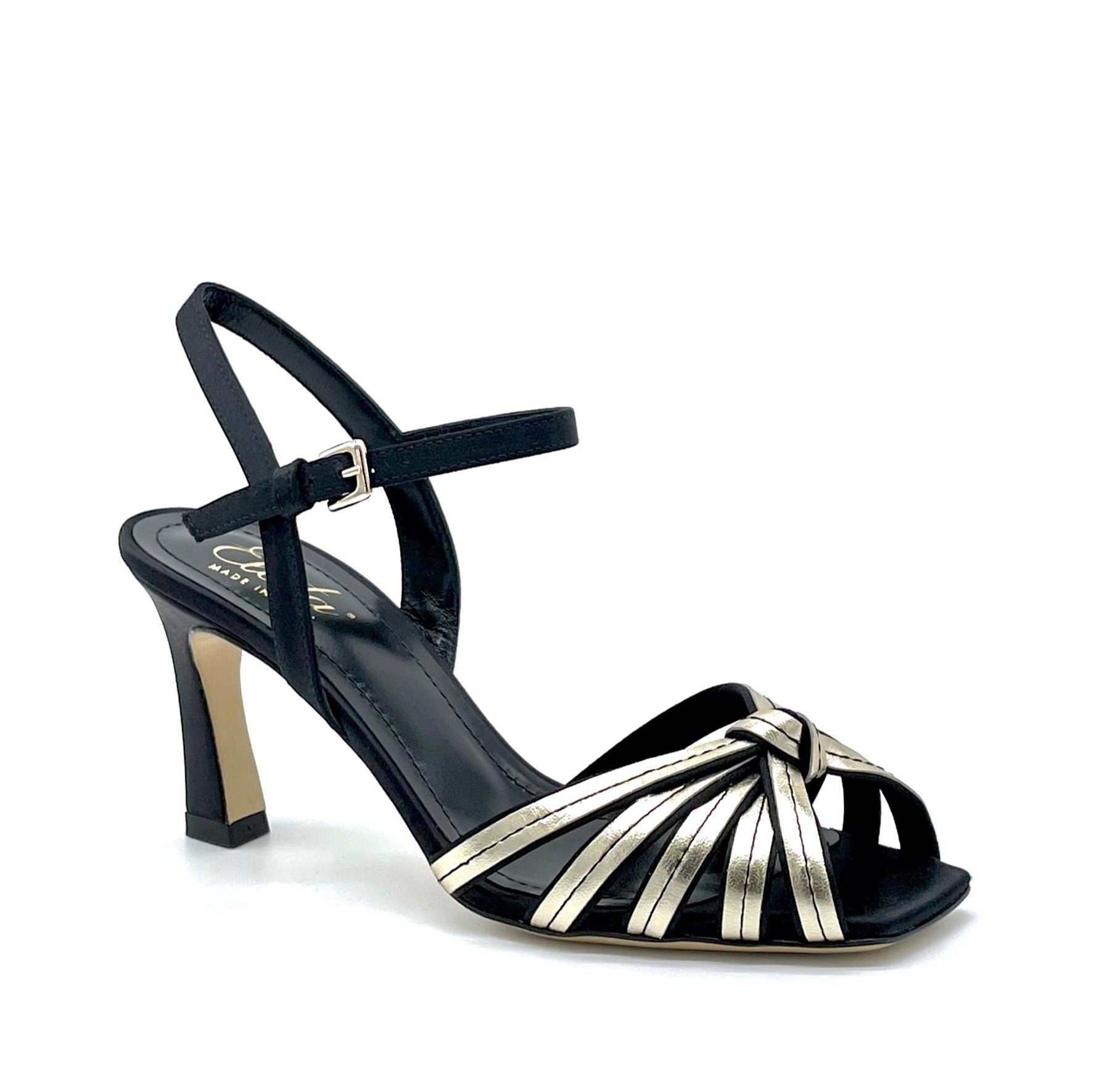 Sandalo in seta nera e pelle oro con fascette annodate - Cod. 12174