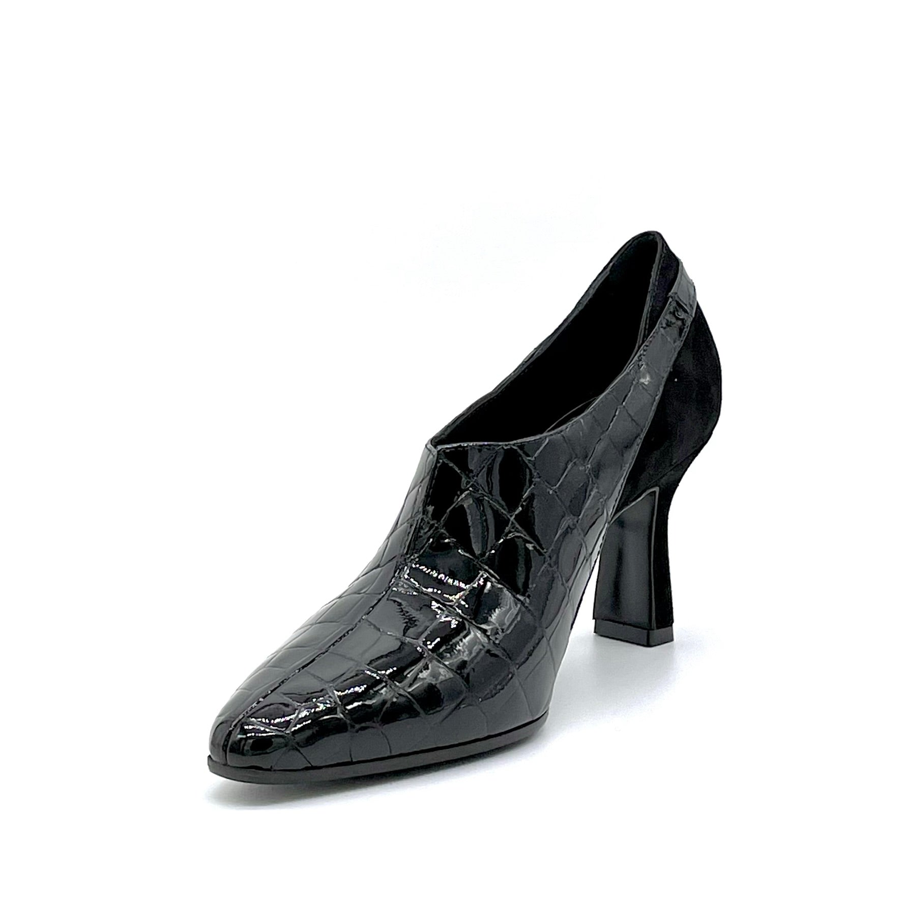 Black suede and printed patent leather ankle boot - Cod. 52507