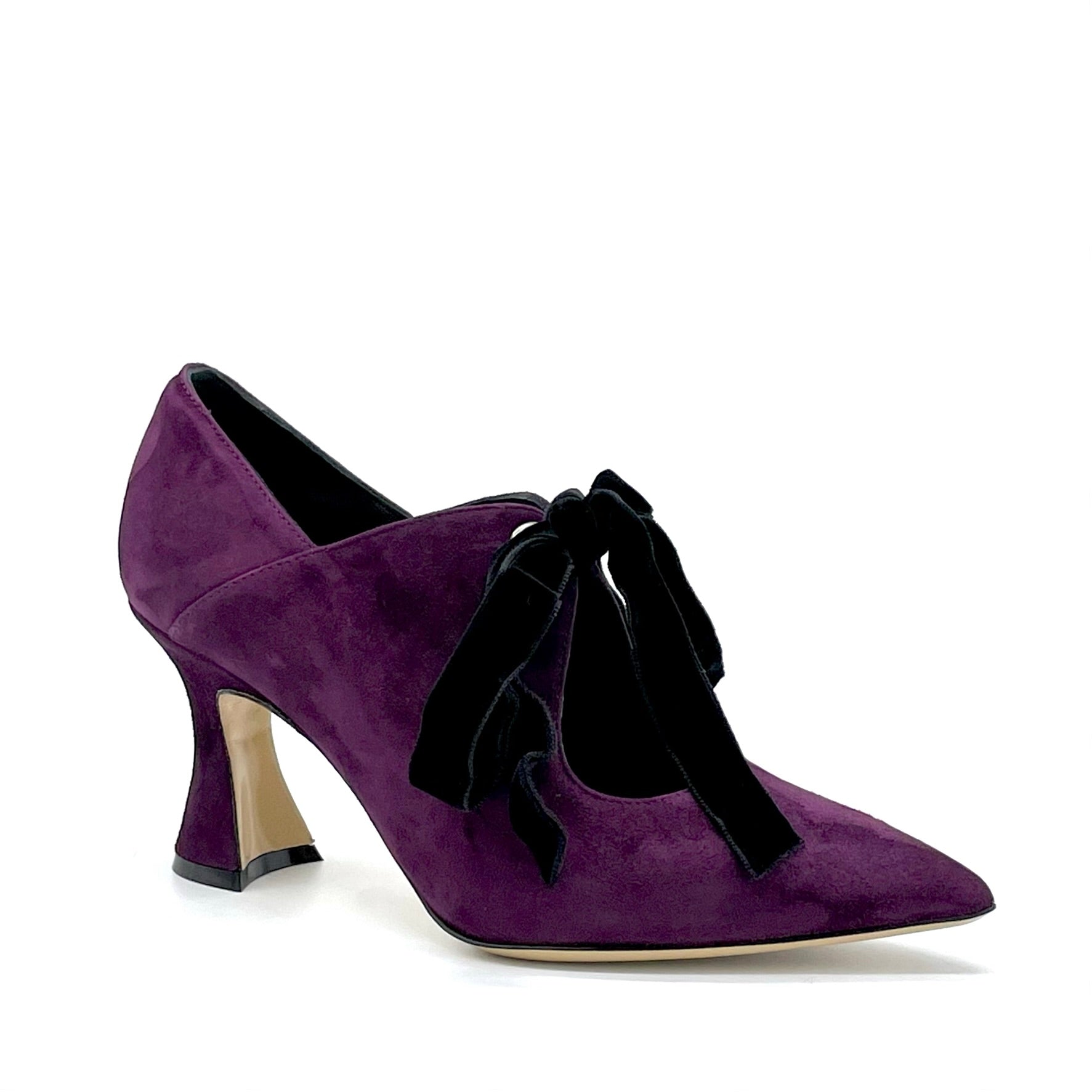 Scarpa accollata in camoscio viola con fiocco in velluto nero - Cod. 52565_2