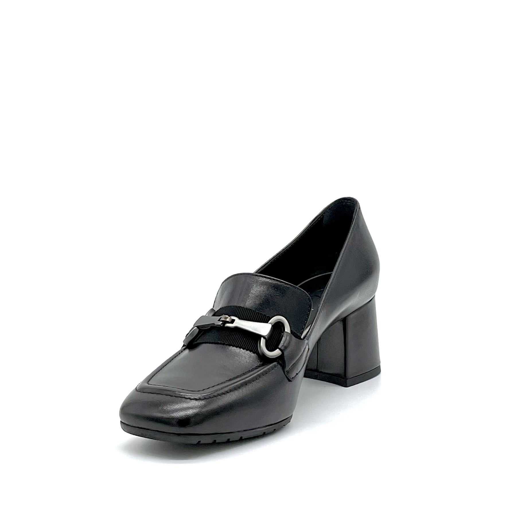 Black leather moccasin with golden clamp and gros grain ribbon - Cod. 52525