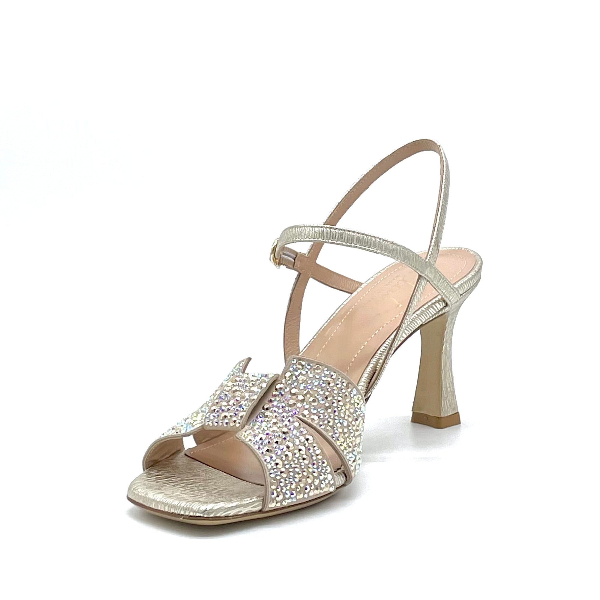 Sandalo in pelle stampata oro con applicazione strass - Cod. 13119