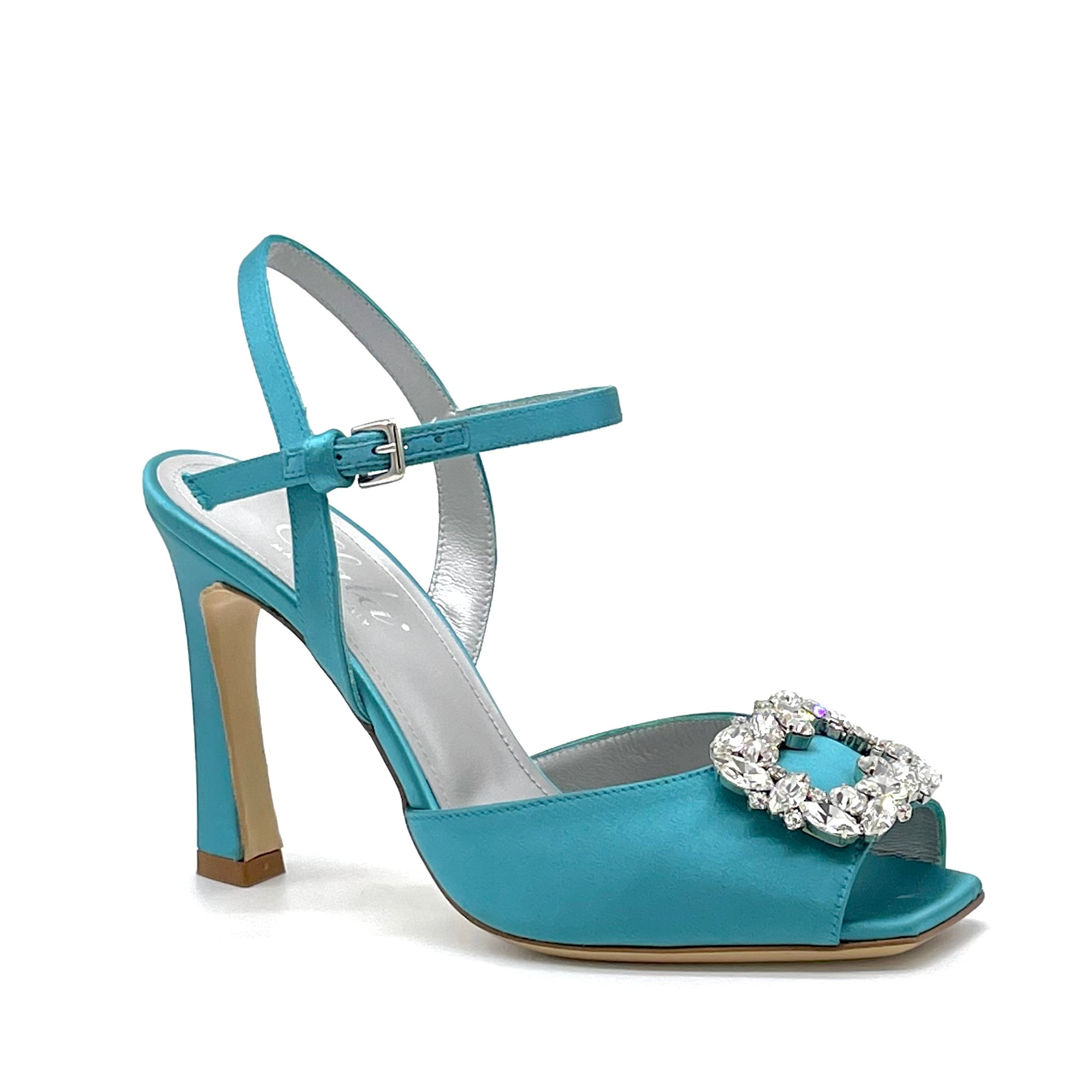 Teal colour silk sandal with jewel accessory – Cod. 13101