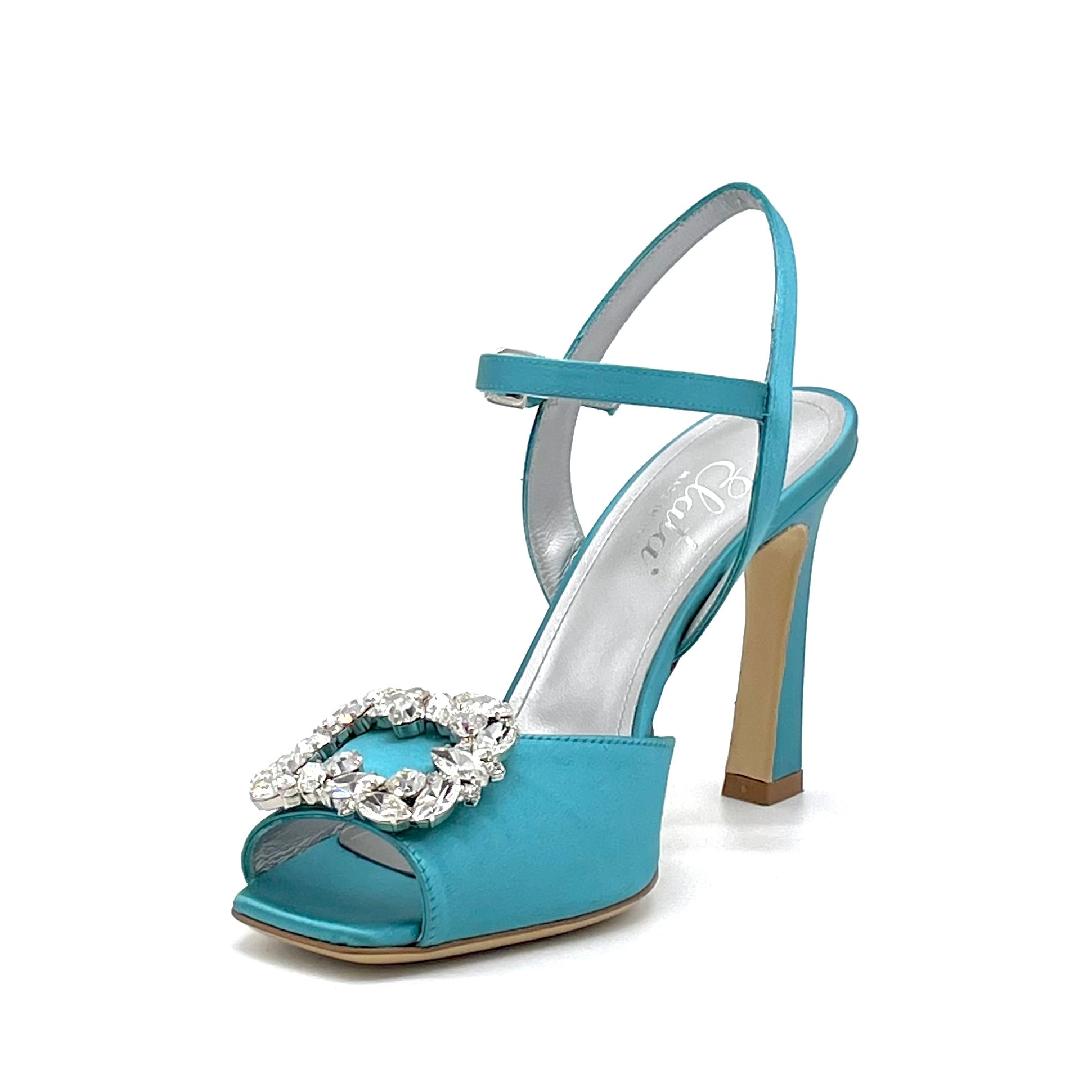 Sandalo in raso di seta ottanio con accessorio gioiello – Cod. 13101