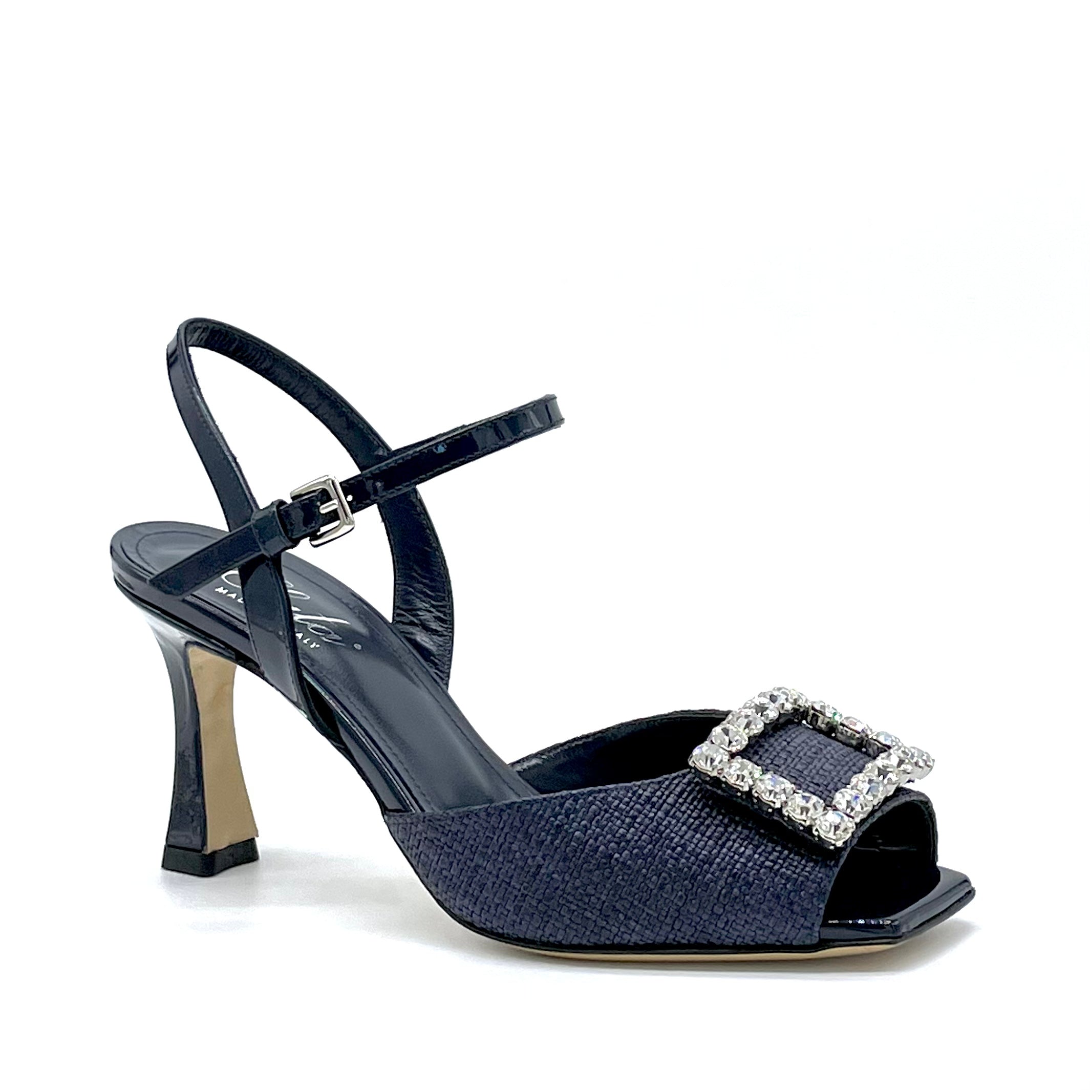 Sandalo in vernice e tessuto di rafia blu con fibbia gioiello – Cod. 13110