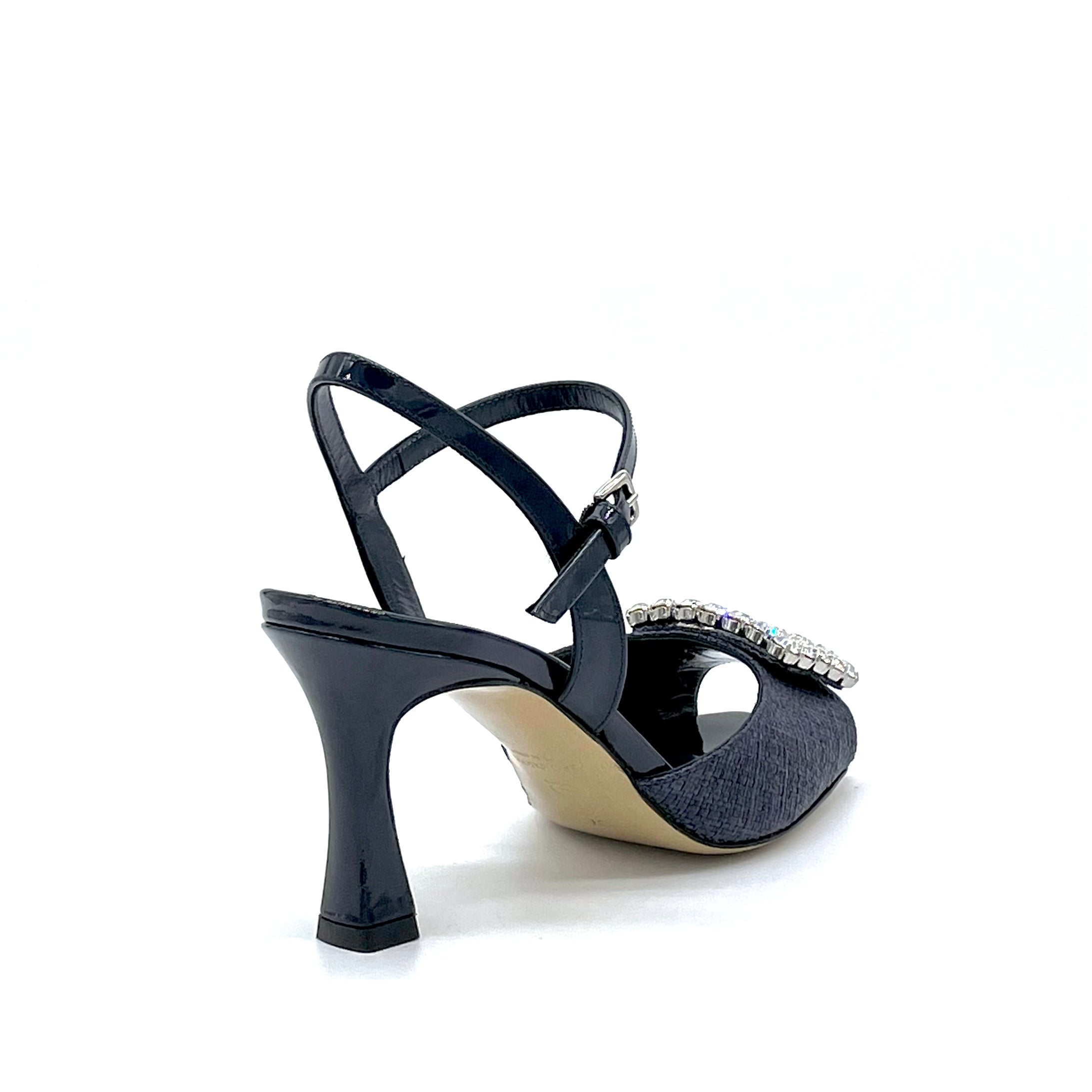 Sandalo in vernice e tessuto di rafia blu con fibbia gioiello – Cod. 13110