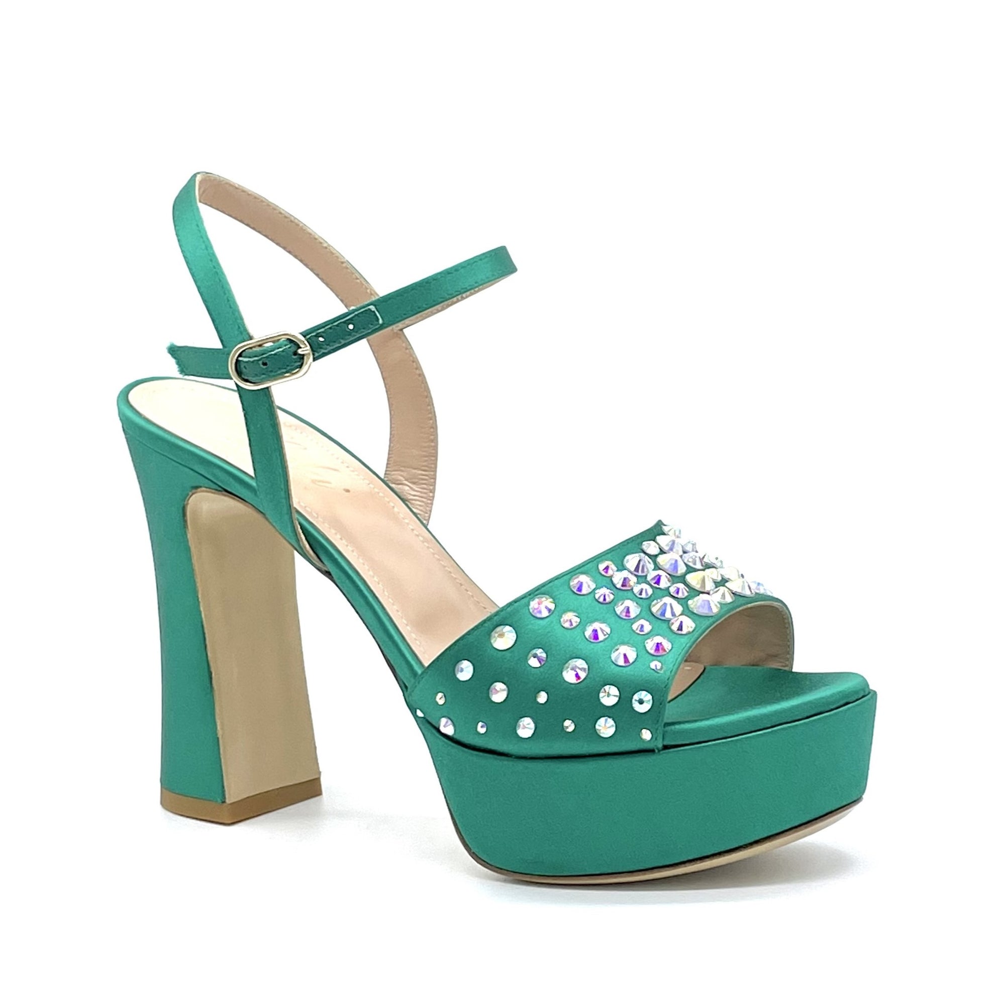 Sandalo in raso di seta verde con applicazione di strass crystal – Cod. 13130-2